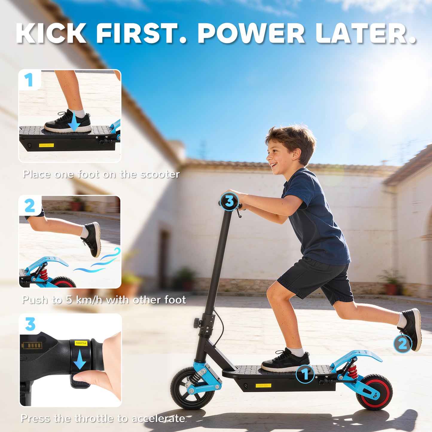 Kids Electric Scooter – 200W Motor, 15km/h, 6km Range, Dual Suspension, LCD Display, LED Lights, Foldable, Ages 6–14 – Blue