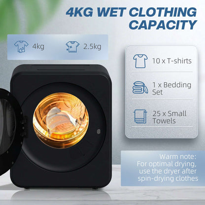 Vented Tumble Dryer, 4 kg Front Tumble Dryer with Stainless Steel Tub, 800W Compact Freestanding Black