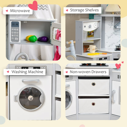 Kids Toy Kitchen With Running Water, Lights, Sounds, Apron and Chef Hat, Water Dispenser, for Ages 3-6 Years, Grey