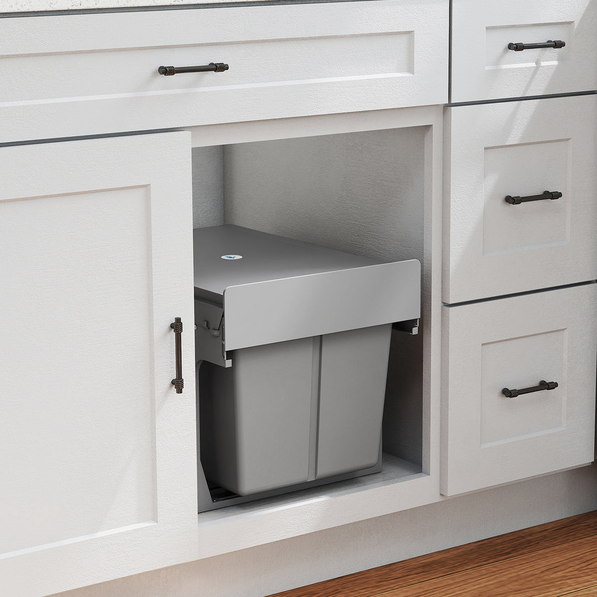 Under Sink Pull Out Bin 31L | 3 Removable Compartments 15L + 2x8L | Damped Metal Rails | Odour-Seal Lid | Child & Pet Resistant | For 400mm Cabinets | ABS PP | Light Grey | 48x34.3x35.1cm