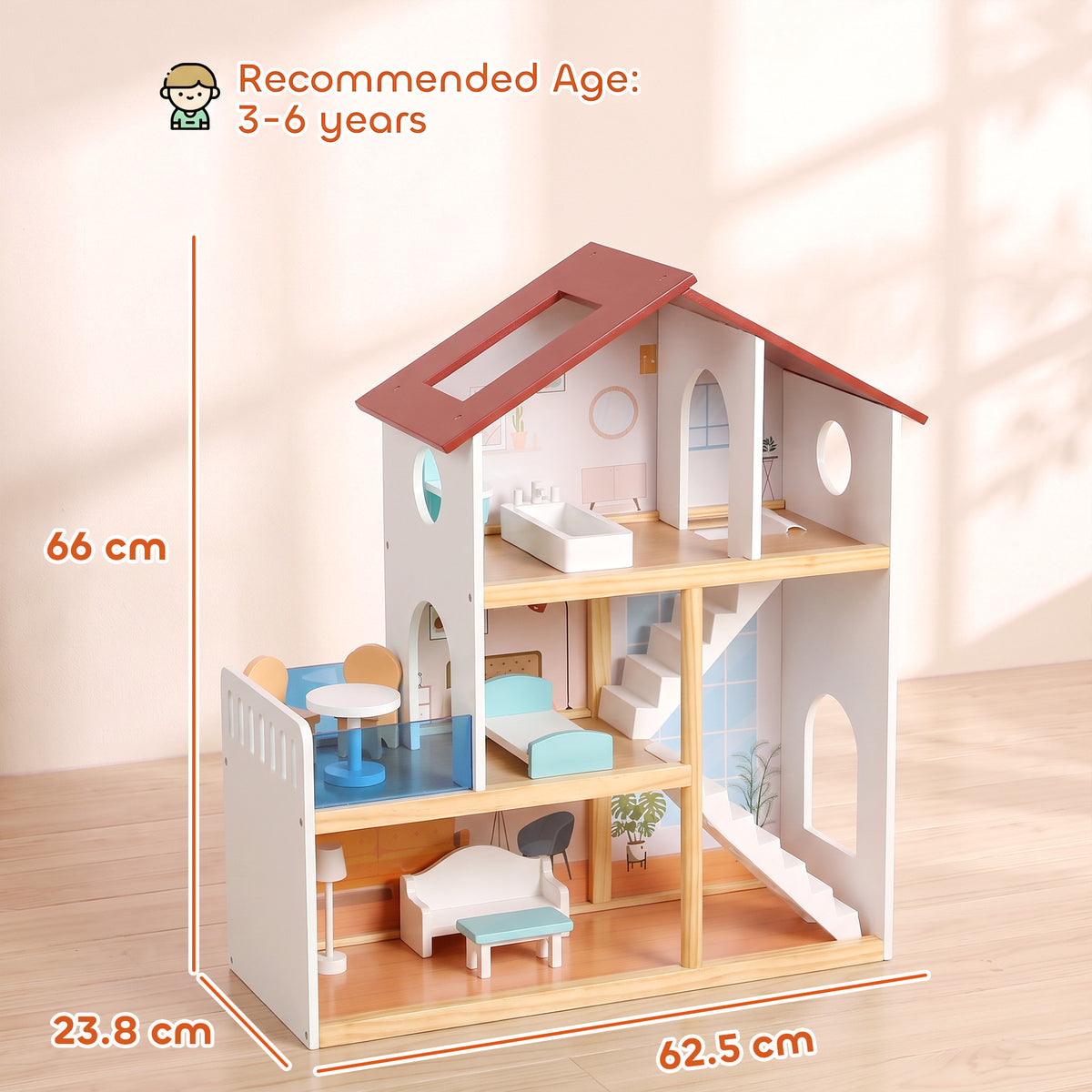 AIYAPLAY Wooden Dolls House | 3 Storeys & 5 Play Areas | 11 Movable Accessories | Balcony & Stairs | 66cm Tall | White | Ages 3+