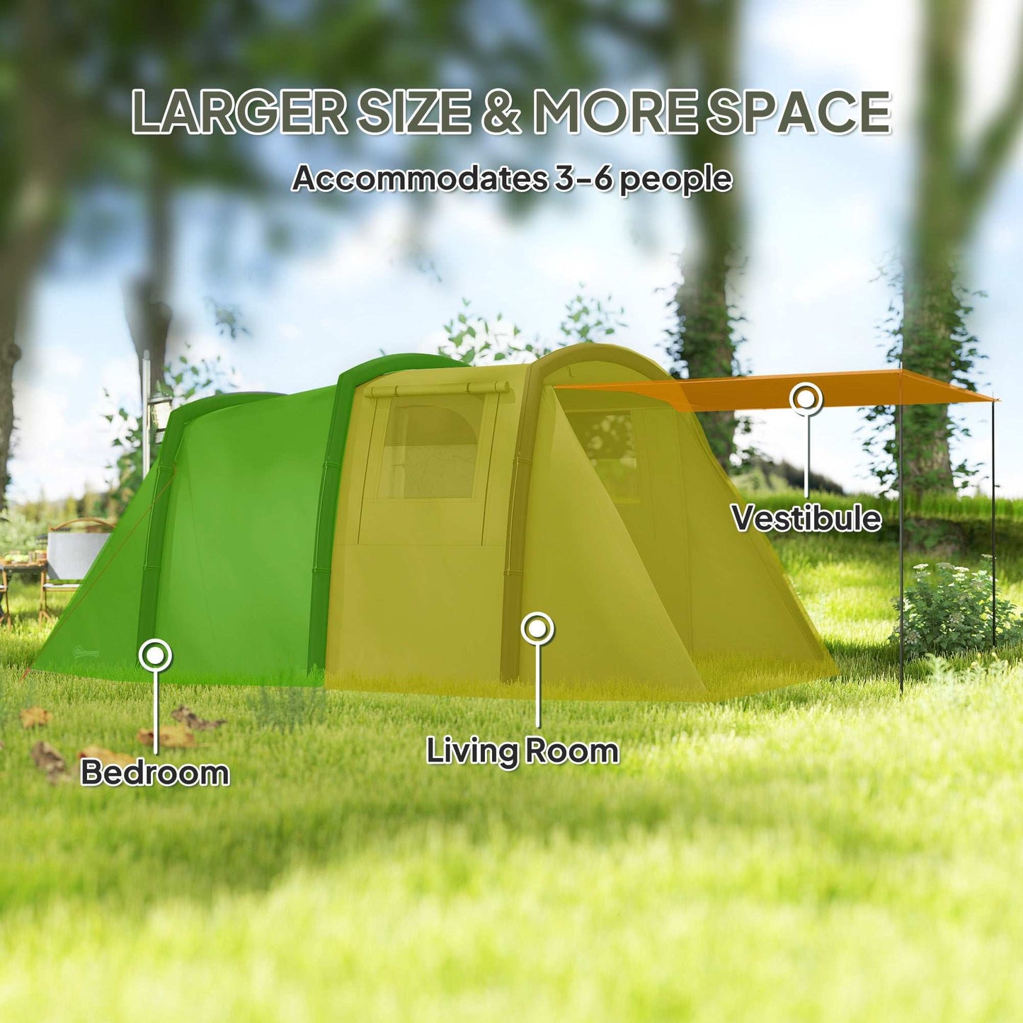 Inflatable 3-4 Man Tunnel Tent w/ Air Pump, Living Area & Vestibule, Waterproof Family Camping Air Tent w/ Sewn In Groundsheet