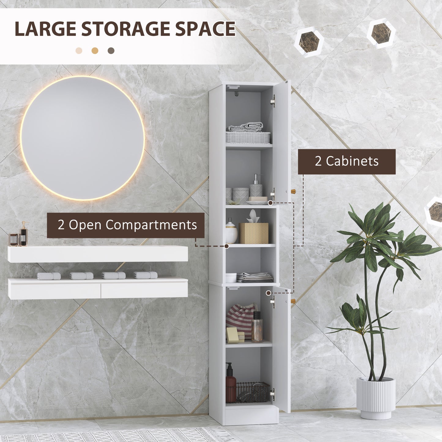 Tall Bathroom Storage Cabinet with Doors | Slim Freestanding | Adjustable Shelves | Gold Tone Handles | White