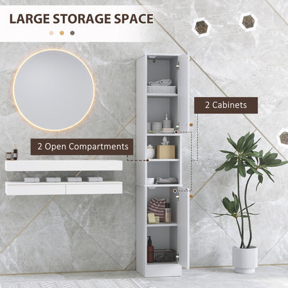 Tall Bathroom Storage Cabinet with Doors | Slim Freestanding | Adjustable Shelves | Gold Tone Handles | White