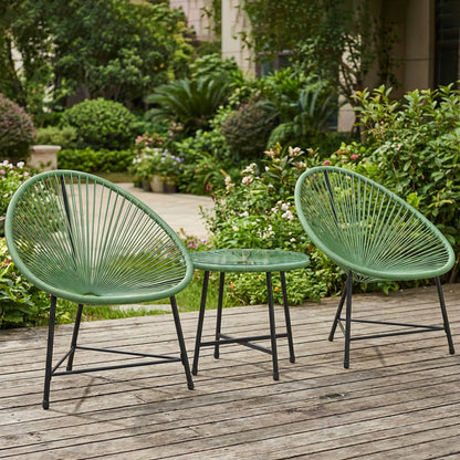 3 Piece Acapulco Style Rattan Bistro Set | 2 Oval Chairs | Tempered Glass Coffee Table | PE Rattan | Powder Coated Steel | 120kg | Green
