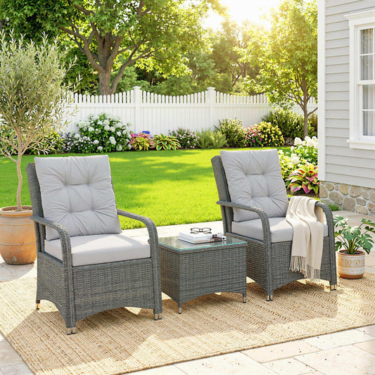 3-Piece Rattan Bistro Set | 2 Chairs, Glass Table & Cover | 10cm Cushions | EN-581 | Light Grey