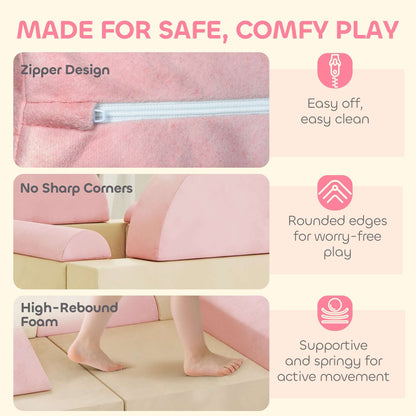 AIYAPLAY Kids Play Sofa, 12 Pieces Foam Modular Soft Play Set for Playroom, Children Convertible Sofa for Boys and Girls, Pink