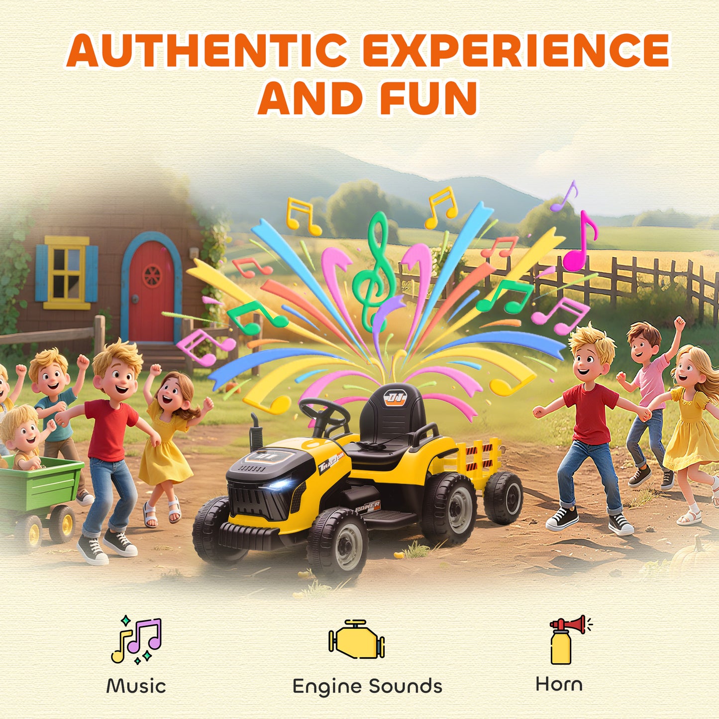 AIYAPLAY 12V Ride on Tractor and Trailer with Remote Control, Music, Shifter, Start-Up Sound, for Kids Ages 3-8 Years