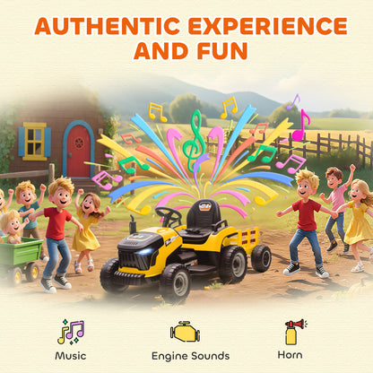 AIYAPLAY 12V Ride on Tractor and Trailer with Remote Control, Music, Shifter, Start-Up Sound, for Kids Ages 3-8 Years