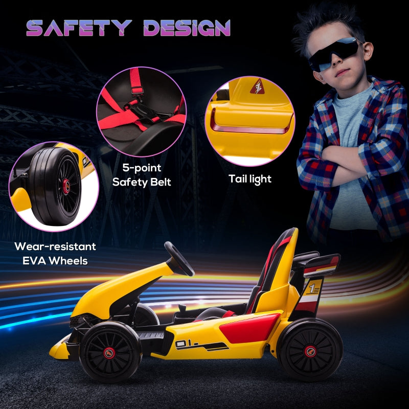 Electric Go Kart with Adjustable Footrest, Reversing Steering Wheel, Kids Ride-On Racing Go Kart with 12V Rechargeable Battery, 2 Speeds, Remote, Light Music Horn, Toy for Boys Girls