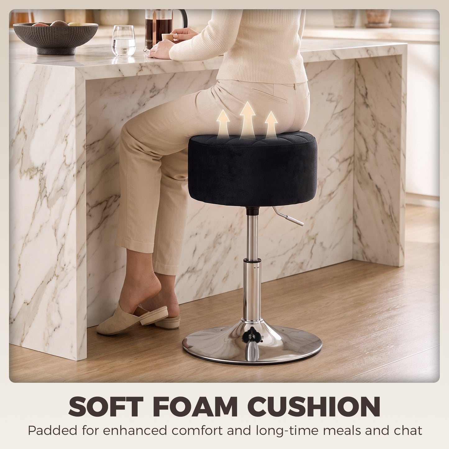 Adjustable Swivel Bar Stool | Velvet-Feel Seat | 17cm Cushion | Gas Lift 51–66cm | 360° Swivel | 120kg | Black / Grey