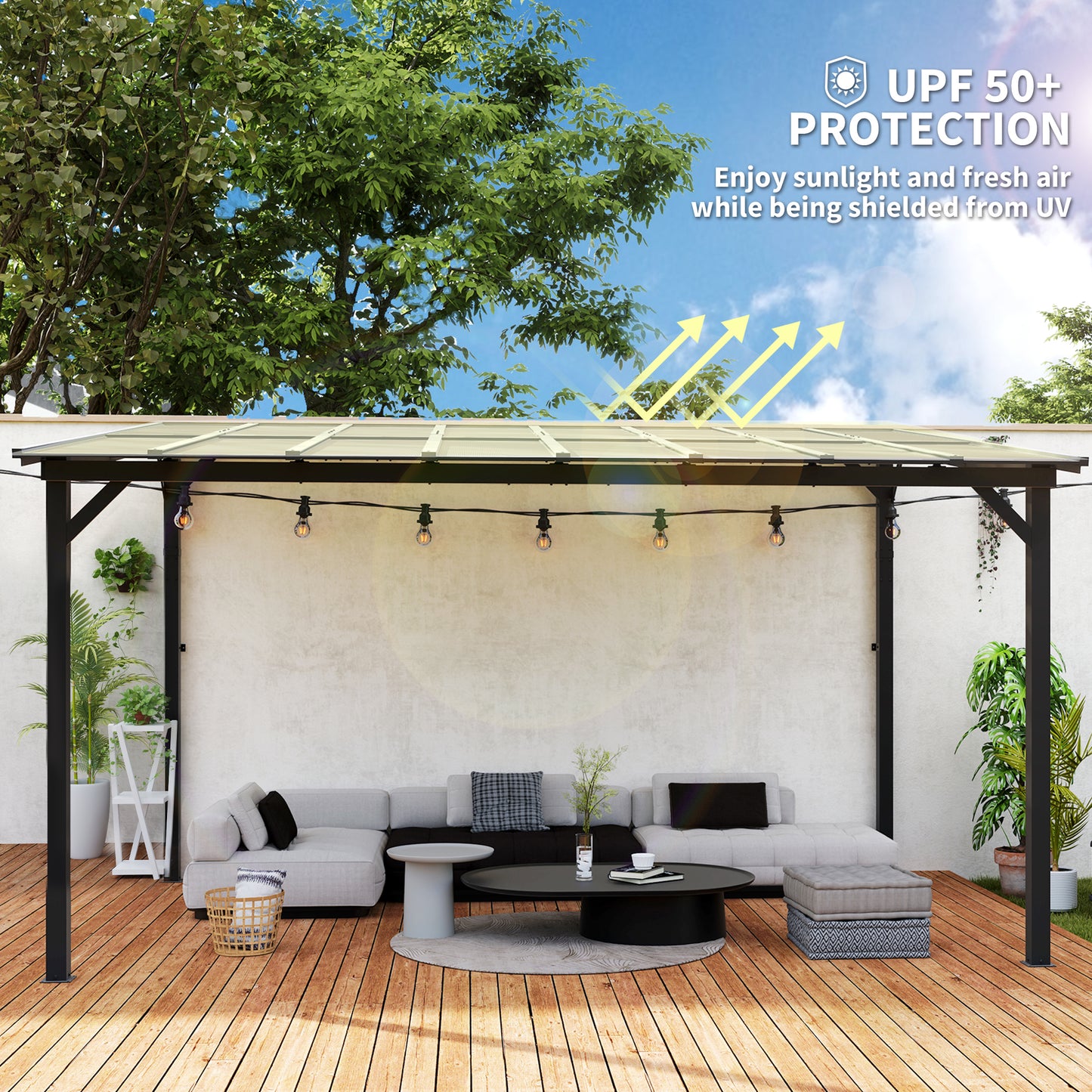 3 x 4.3m Metal Pergola with UPF 50+ and Waterproof Polycarbonate Roof, Wall-Mounted or Free Standing Garden Gazebo Outdoor Sun Shade