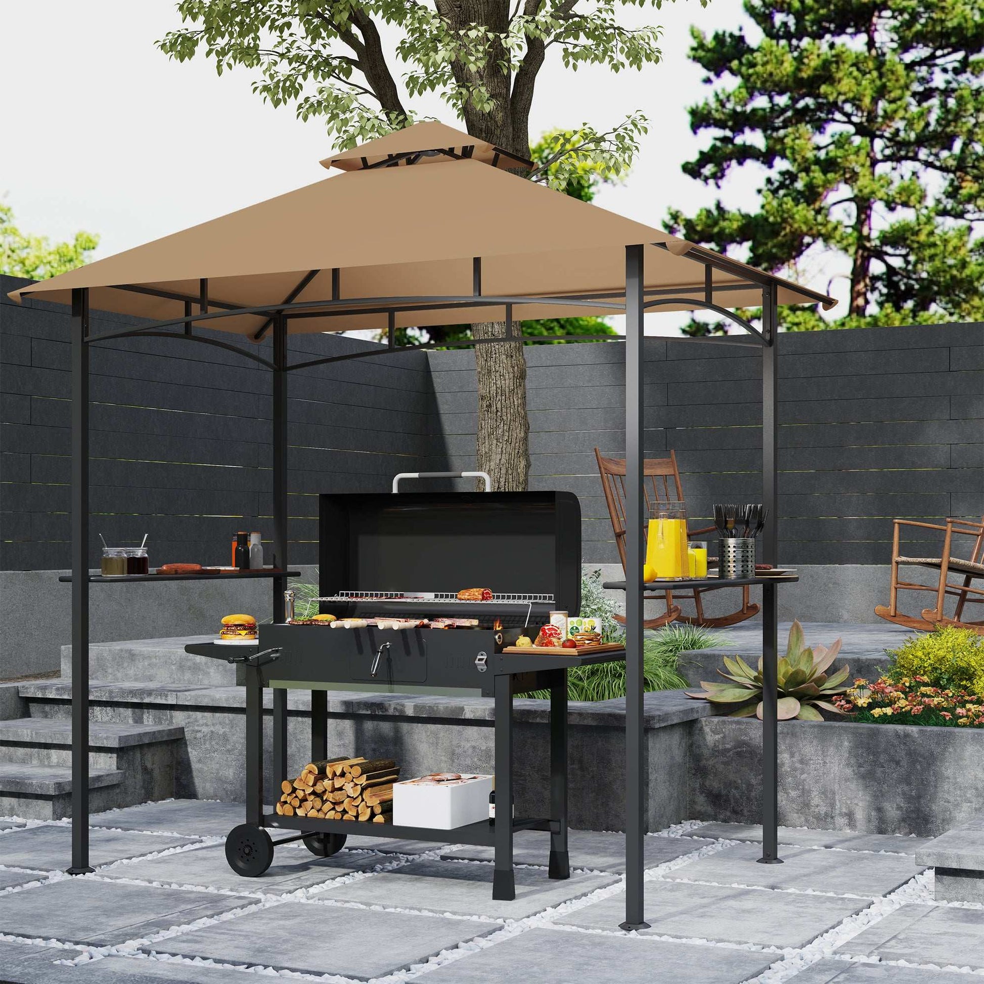 2.5M (8ft) New Double-Tier BBQ Gazebo Shelter Grill Canopy Barbecue Tent Shelter Patio Deck Cover - Khaki