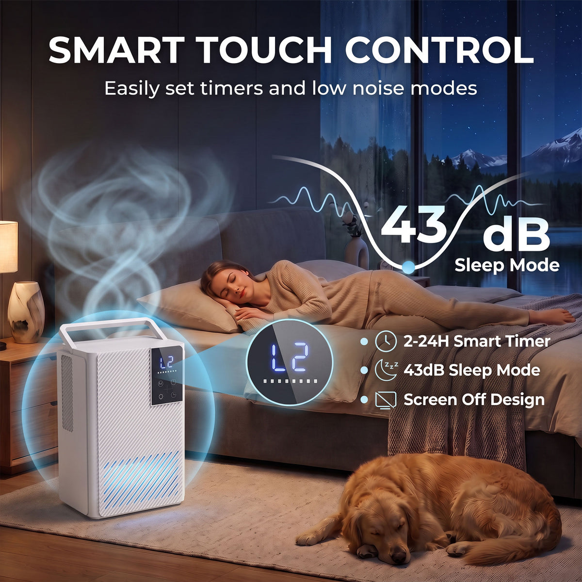 400ml/Day Small Dehumidifier | 2L Tank (120hrs) | 7-Colour RGB Mood Light | 43dB Sleep Mode | 2–24H Timer | LED Touch Panel | Auto Shut-Off & Defrost | 15m² | ABS | 20x14.2x28.6cm | White