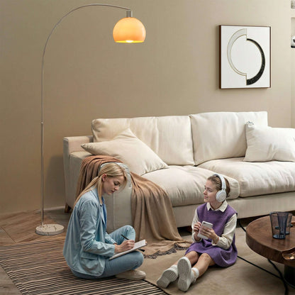 Floor Lamp | Curved Head | Round Shade | Marble Base | Electroplated Nickel Finish | E27 | Foot Switch | 180cm | 40W | White