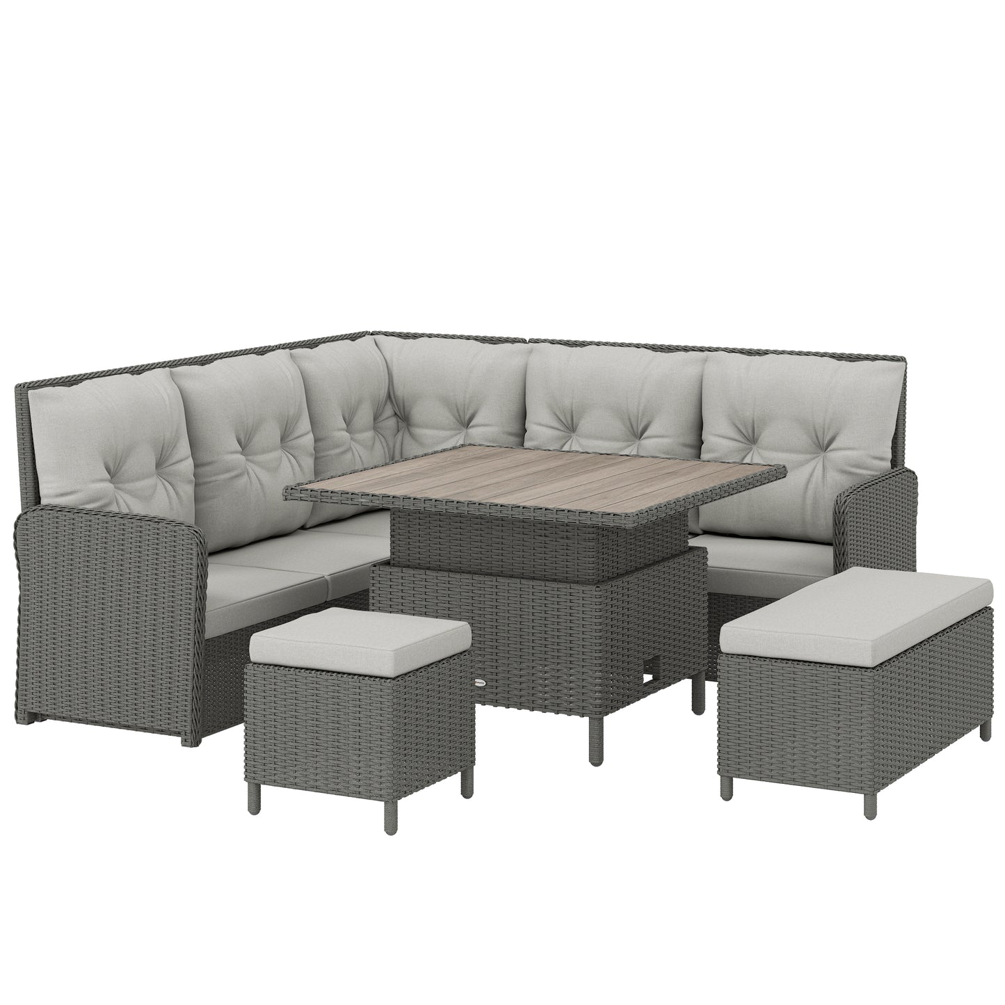 6-Piece PE Rattan Corner Garden Sofa Set | 2 Loveseats | Corner Sofa | 2 Footstools | Liftable Coffee Table | Washable Cushions | 120kg | Cream