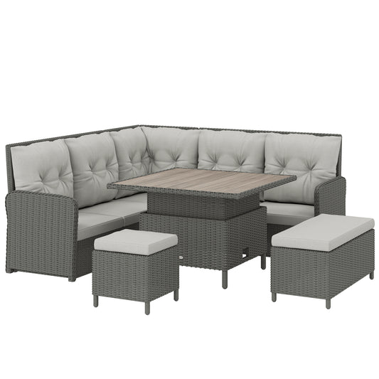 6-Piece PE Rattan Corner Garden Sofa Set | 2 Loveseats | Corner Sofa | 2 Footstools | Liftable Coffee Table | Washable Cushions | 120kg | Cream