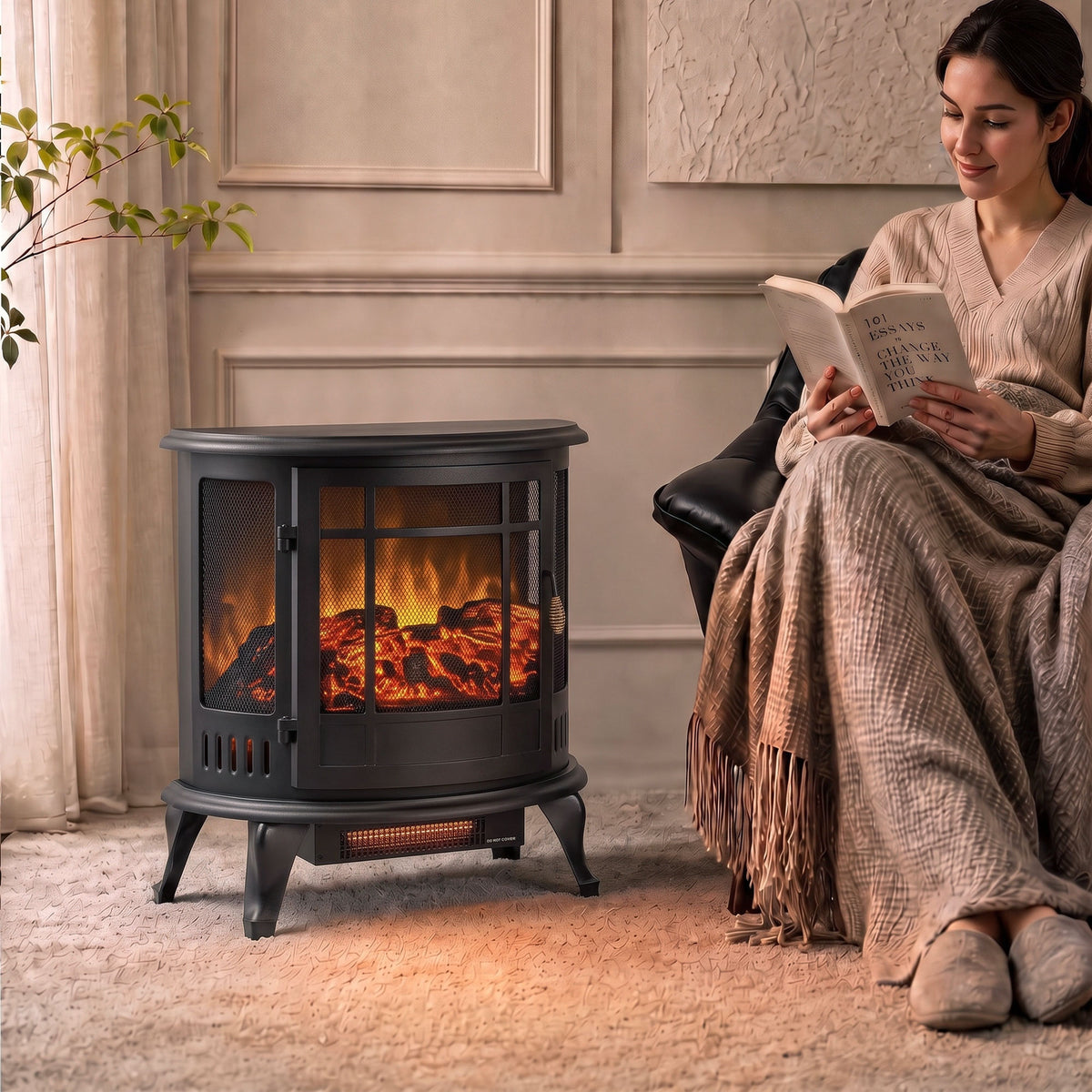 3-Sided Electric Fireplace Stove | Energy Efficiency Rating C | 2000W Freestanding Heater with Independent LED Flame, Adjustable Brightness & 15-30 m² Coverage | Black