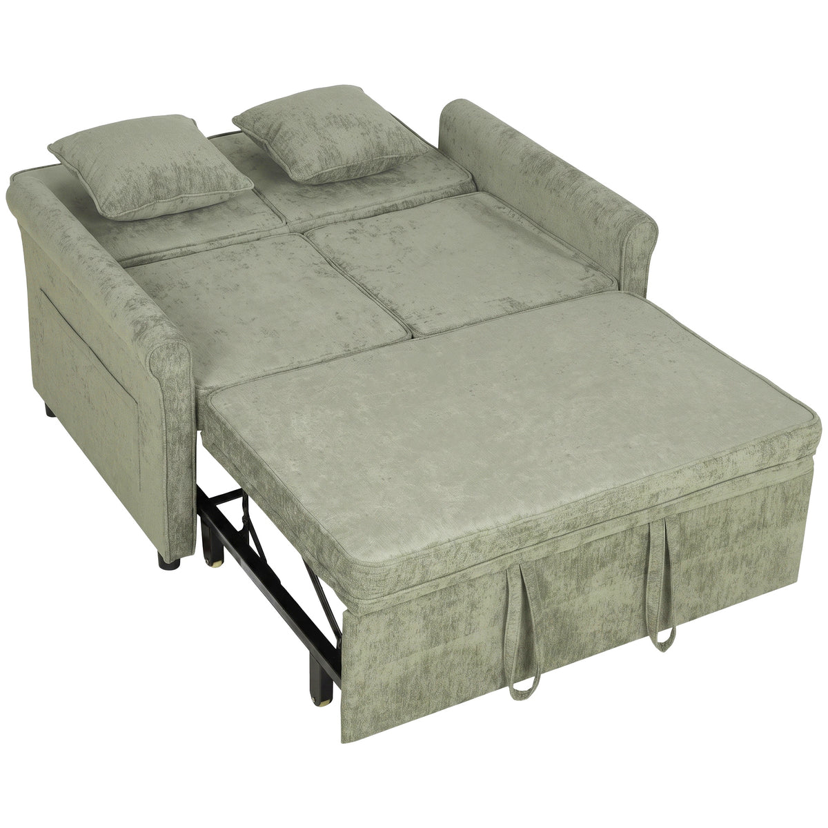 2 Seater Sofa Bed | 3-in-1 Convertible Chenille Sleeper Sofa with Pull-Out Bed, 5-Position Backrest & Side Pockets | 190 x 130 cm | Light Green or Grey