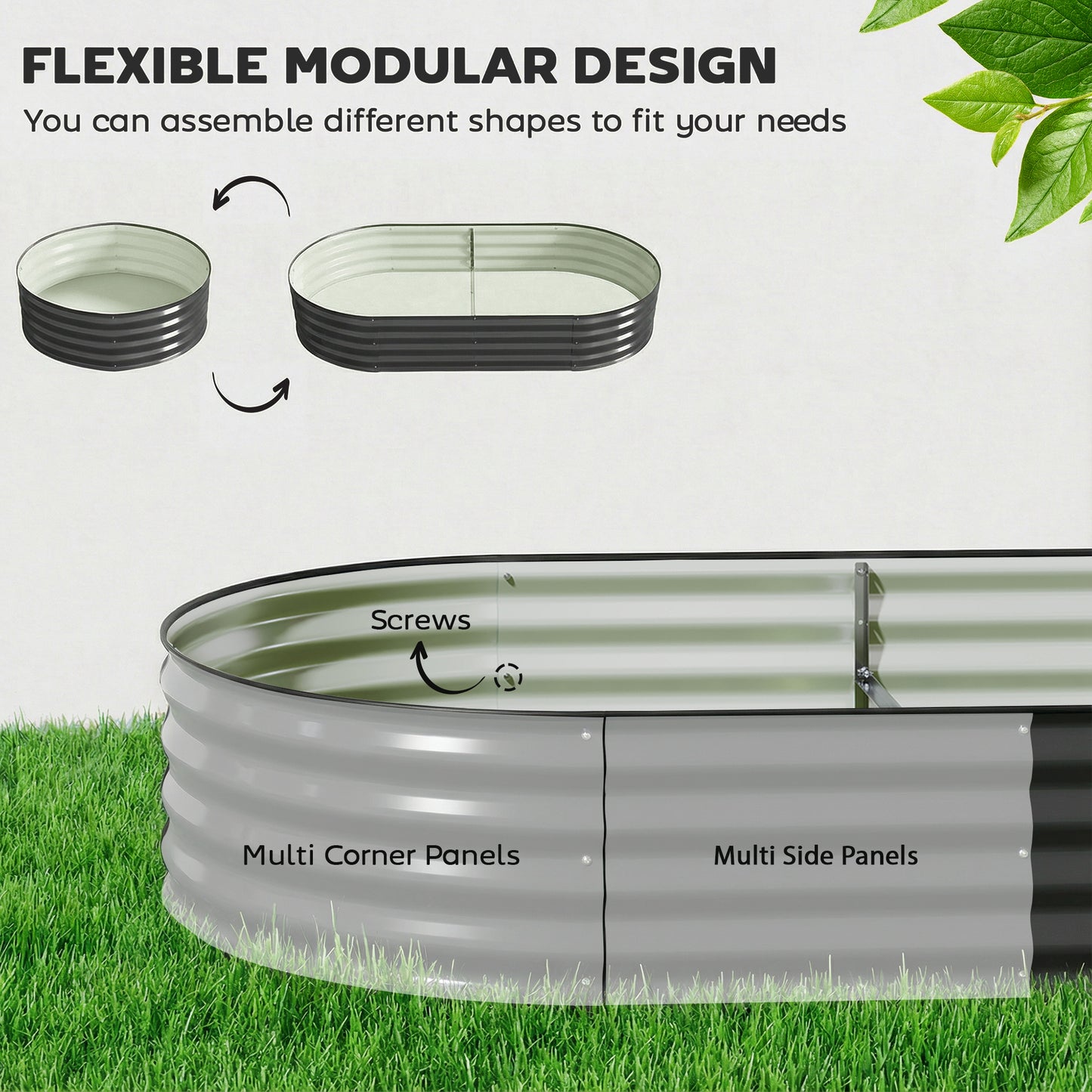 Flexible Galvanised Steel Raised Garden Bed | Safety Rubber Edging | Open Bottom | Configurable Round Oval or Oblong | 180x90x30cm | For Flowers Herbs & Succulents | Dark Grey