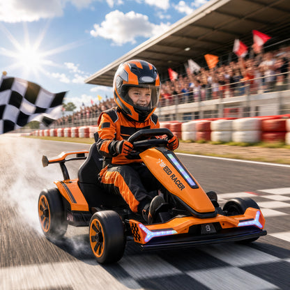 24V Electric Go Kart for Kids | Drift Mode In-Place Spin | 3 Speeds 8–12km/h | Slow Start Forward & Reverse | Adjustable Seat | Multicolour Lights Music Horn USB | 2-Point Belt | 50kg | 131.5x76.5x53.5cm | Ages 6–12 | Orange Blue Pink Black