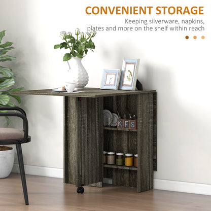 Retro Style Folding Dining Table, Drop Leaf Table for Small Spaces with 2-tier Shelves, Small Kitchen Table with Rolling Casters, Grey