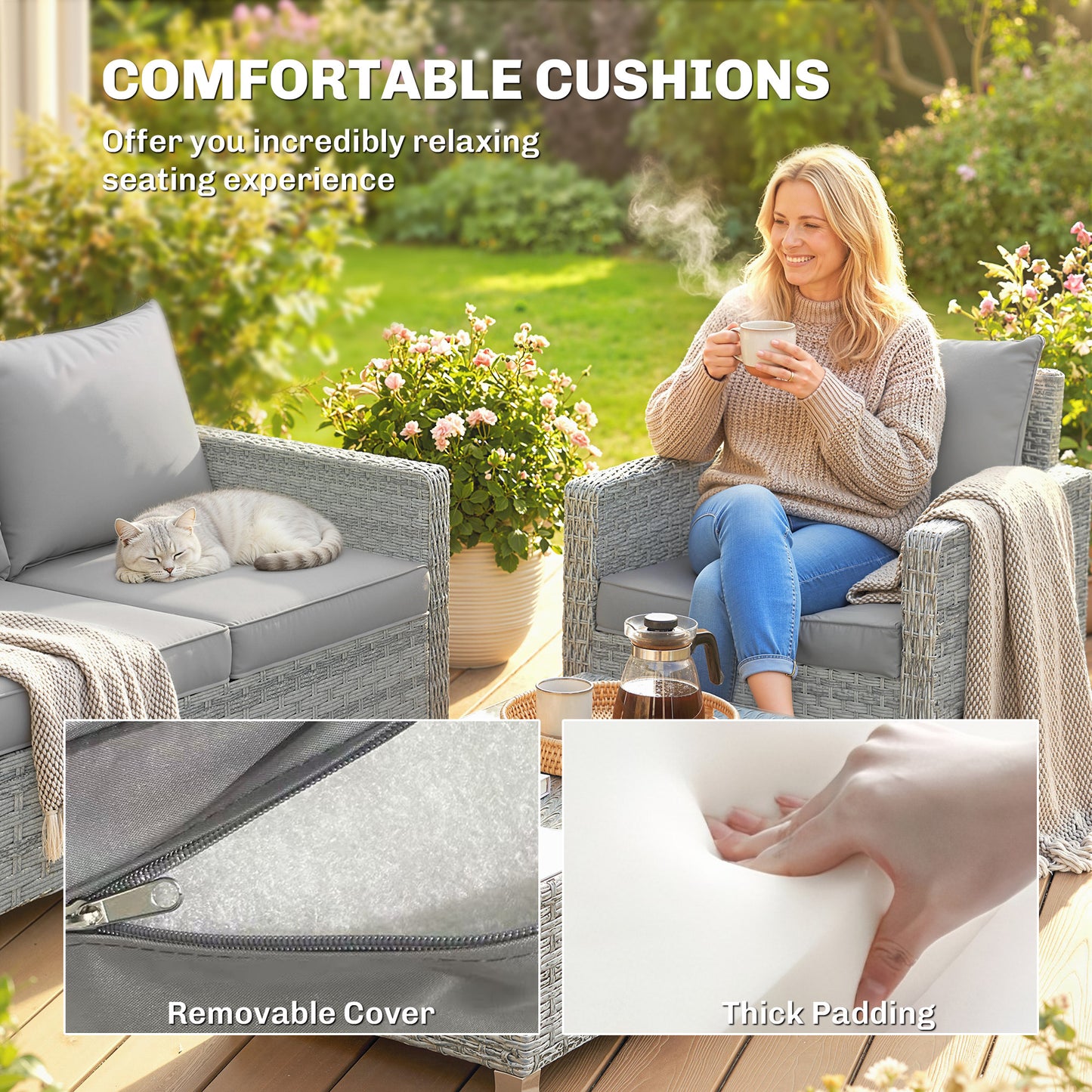 4-Piece Rattan Garden Furniture Set | Loveseat | 2 Armchairs | Tempered Glass Table | 15cm Back Cushions | Washable Covers | 120kg | Grey