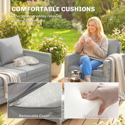 4-Piece Rattan Garden Furniture Set | Loveseat | 2 Armchairs | Tempered Glass Table | 15cm Back Cushions | Washable Covers | 120kg | Grey