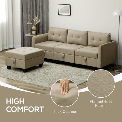 Convertible Modular Sectional Sofa with Storage, 3 Seater Sofa Set, L Shaped Sofa Couch with Ottoman, Wood Frame for Living Room, Light Brown