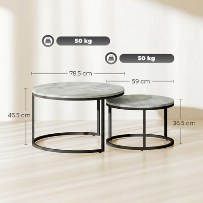 Set of 2 Stacking Coffee Tables | Round Marble Effect MDF Tops | Steel Frames | Stackable | Large 78.5cm & Small 59cm | 50kg | Marble Grey
