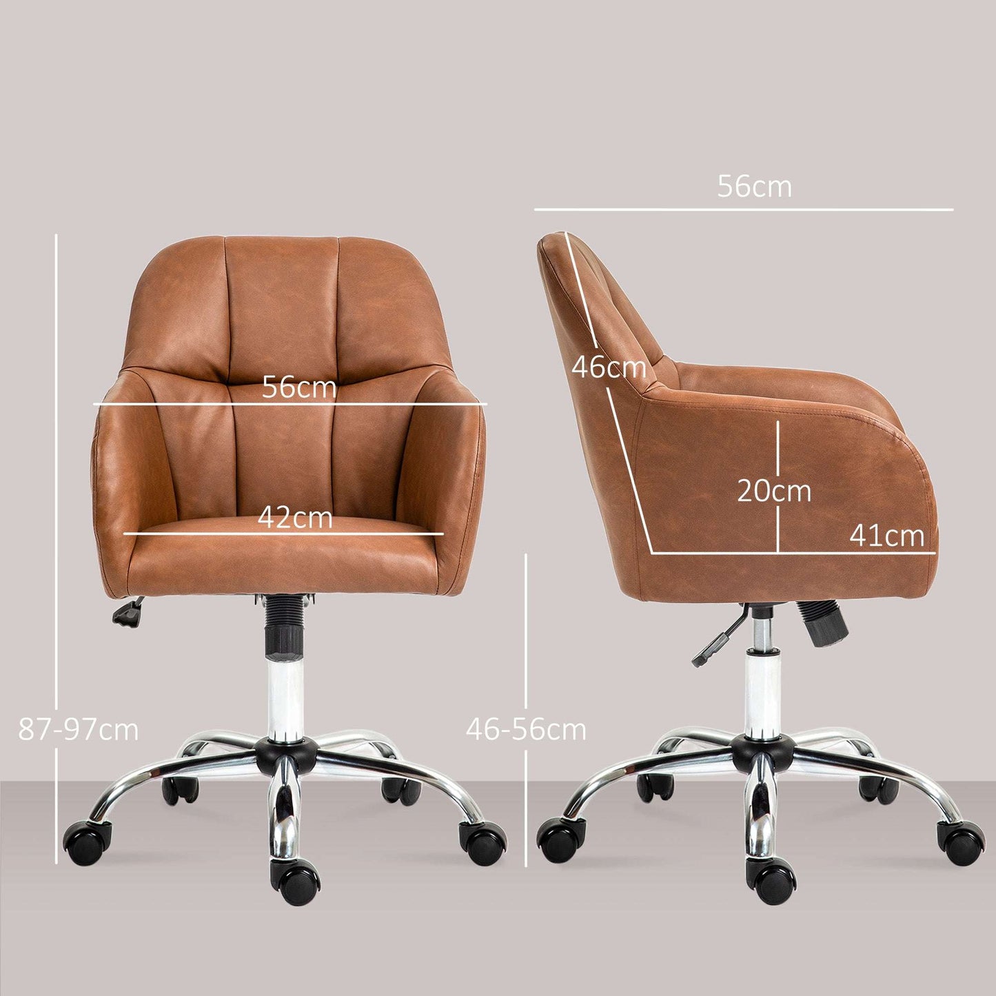 Computer Desk Chair, PU Leather Swivel Office Chair, Makeup Vanity Chair with Height Adjustable, Wheels, for Home -  Brown