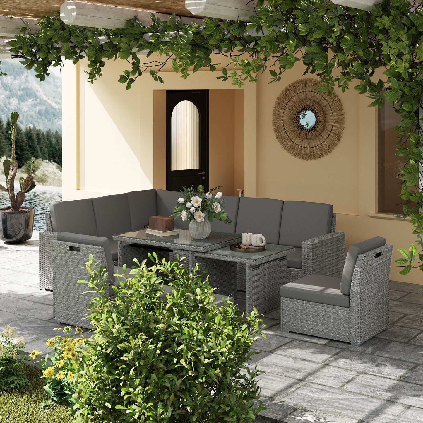 7 Piece Rattan Garden Sofa Set Seats 10 | Corner Sofa | 3 Seater Sofa | 2 Armless Chairs | Expanding Dining Table | 5mm Tempered Glass | PE Rattan & Steel Frame | Washable Cushions | Light Grey