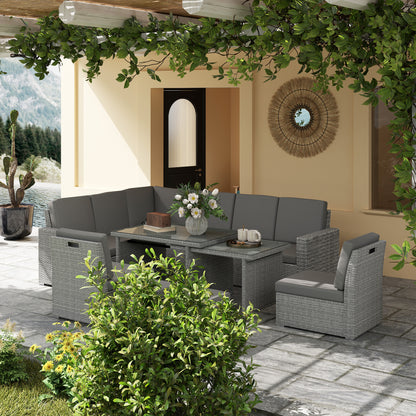 7 Piece Rattan Garden Sofa Set Seats 10 | Corner Sofa | 3 Seater Sofa | 2 Armless Chairs | Expanding Dining Table | 5mm Tempered Glass | PE Rattan & Steel Frame | Washable Cushions | Light Grey
