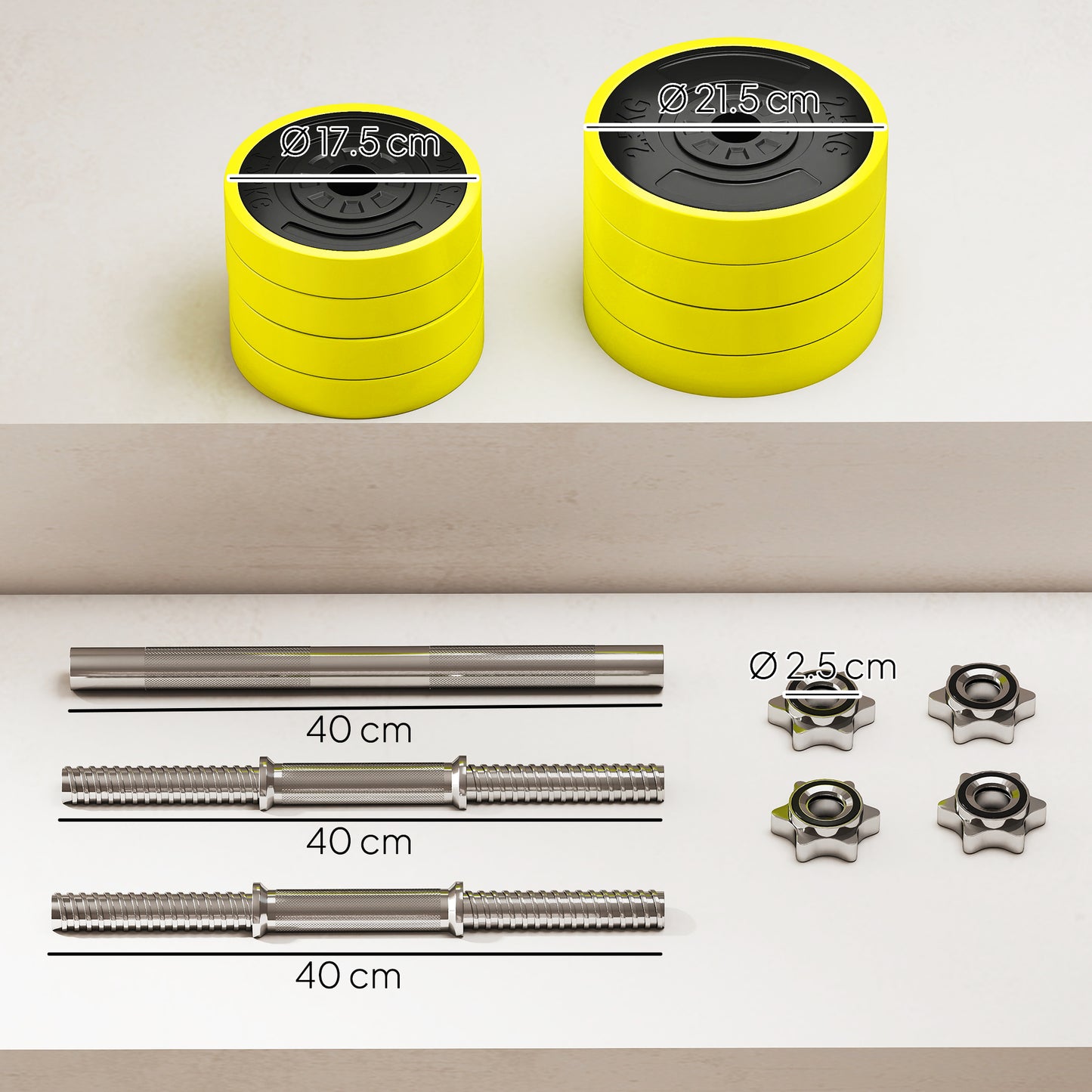 20KGS 2-In-1 Dumbbell & Barbell Adjustable Set Strength Muscle Exercise Fitness Plate Bar Clamp Rod Home Gym Sports Area, Yellow