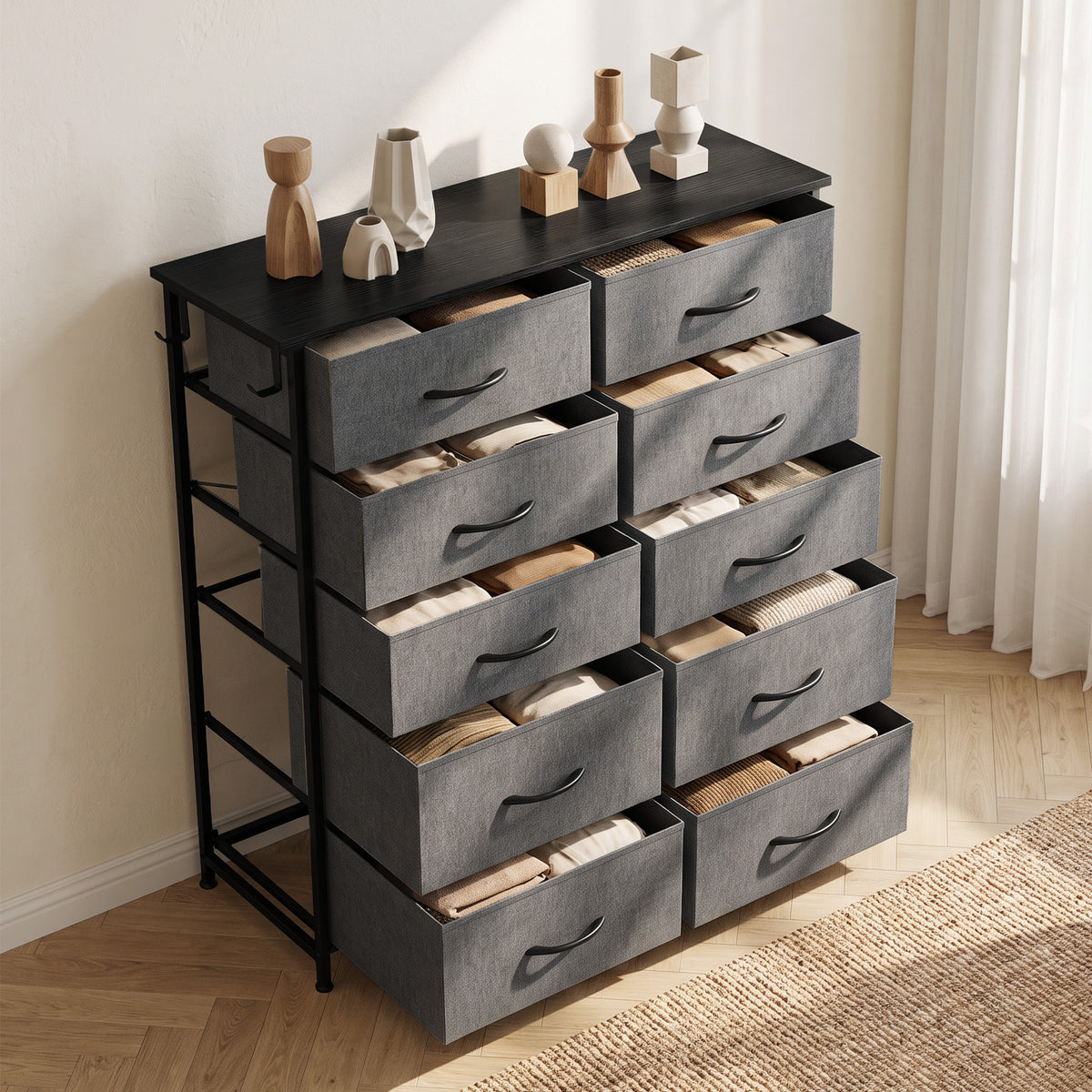 Chest of 10 Fabric Drawers | Grey & Black | Non-Woven Fabric Steel Particle Board | 80x30x94.5cm | 4 Side Pockets | 2 Hooks | X-Bar Frame | Adjustable Feet | Anti-Tip | 35kg