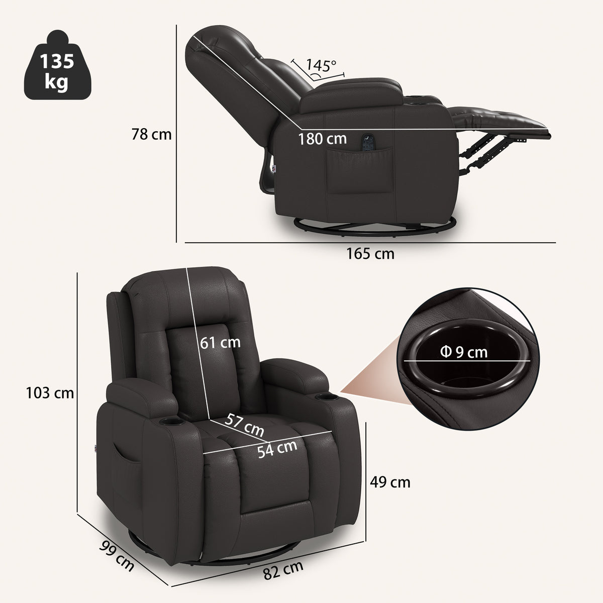 Massage Recliner Armchair | PU Leather | 8-Point Vibrating Massage | Lumbar Heat | 3 Modes & 3 Levels | Remote Control | 150° Recline | Swivel & Rocking | 2 Cup Holders & Pockets | 135kg | Dark Brown