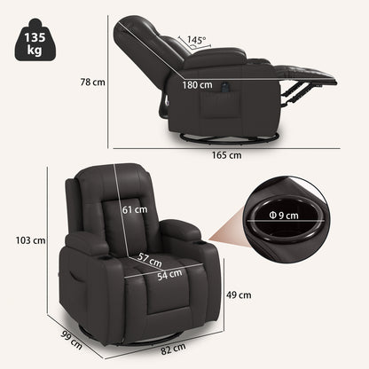 Massage Recliner Armchair | PU Leather | 8-Point Vibrating Massage | Lumbar Heat | 3 Modes & 3 Levels | Remote Control | 150° Recline | Swivel & Rocking | 2 Cup Holders & Pockets | 135kg | Dark Brown