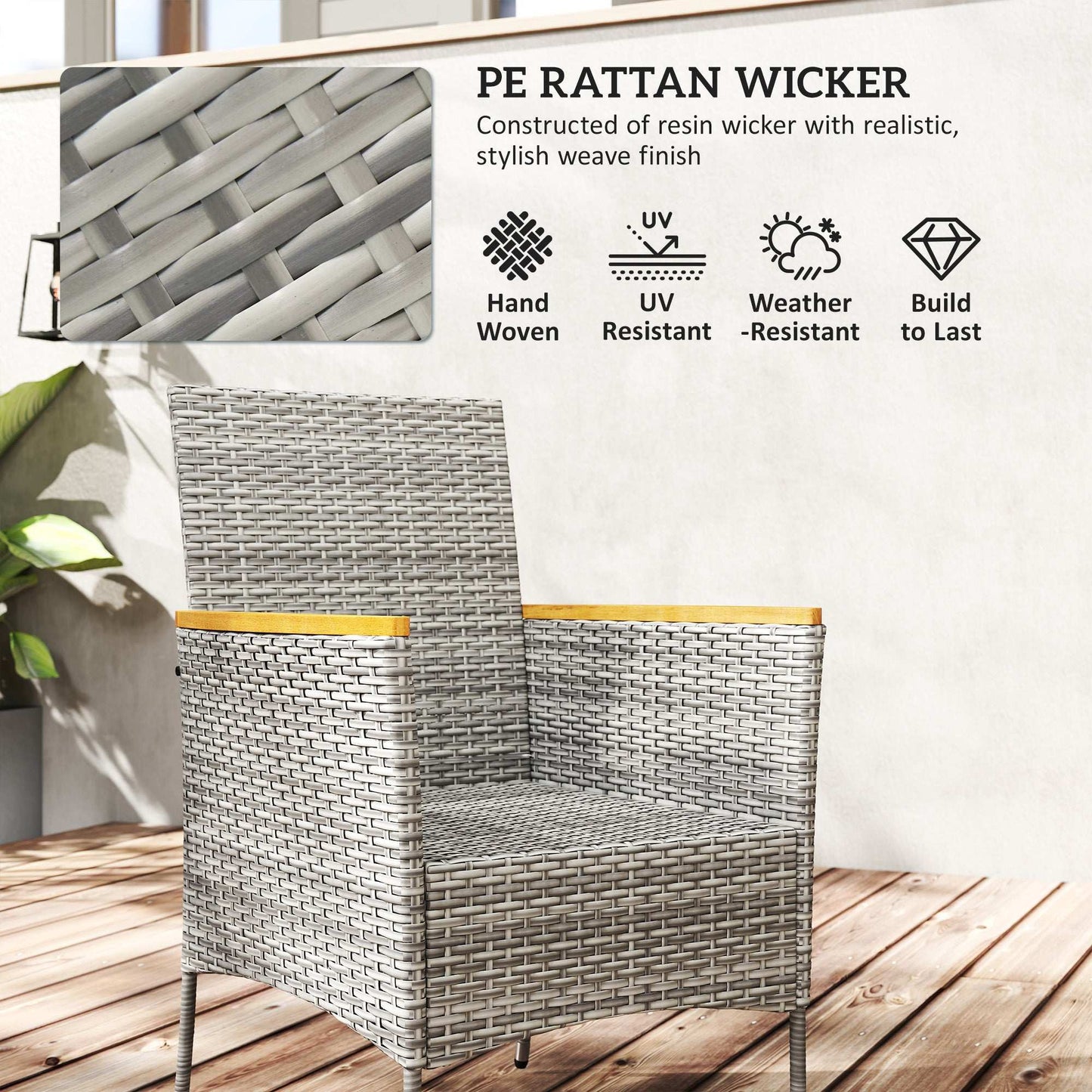 Outsunny Five-Piece Rattan Set, with Wood-Top Table - Teak / Grey