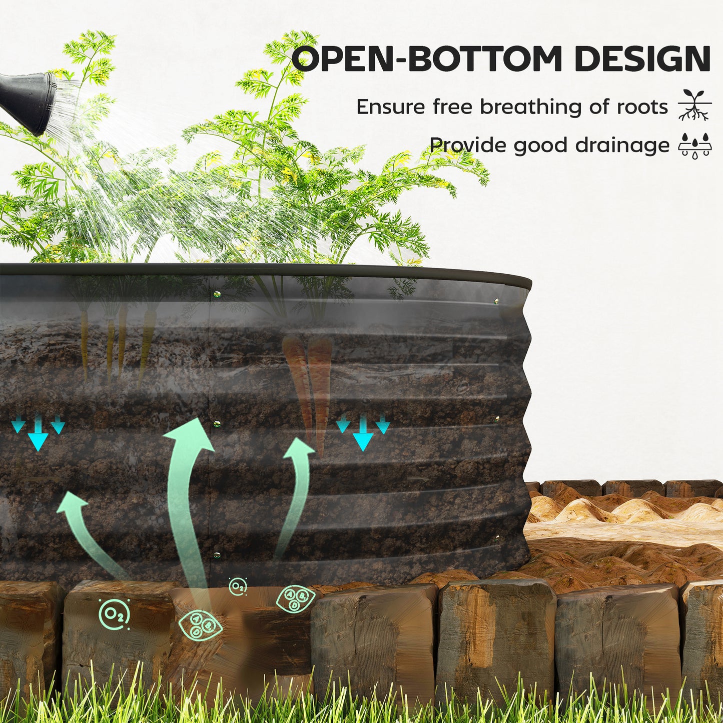 Set of 2 Galvanised Steel Raised Garden Beds | Open Bottom | Rubber Seal Top | 4 Protective Corners | Metal Plant Stakes | Easy Assembly | 150x60x30cm | Dark Grey