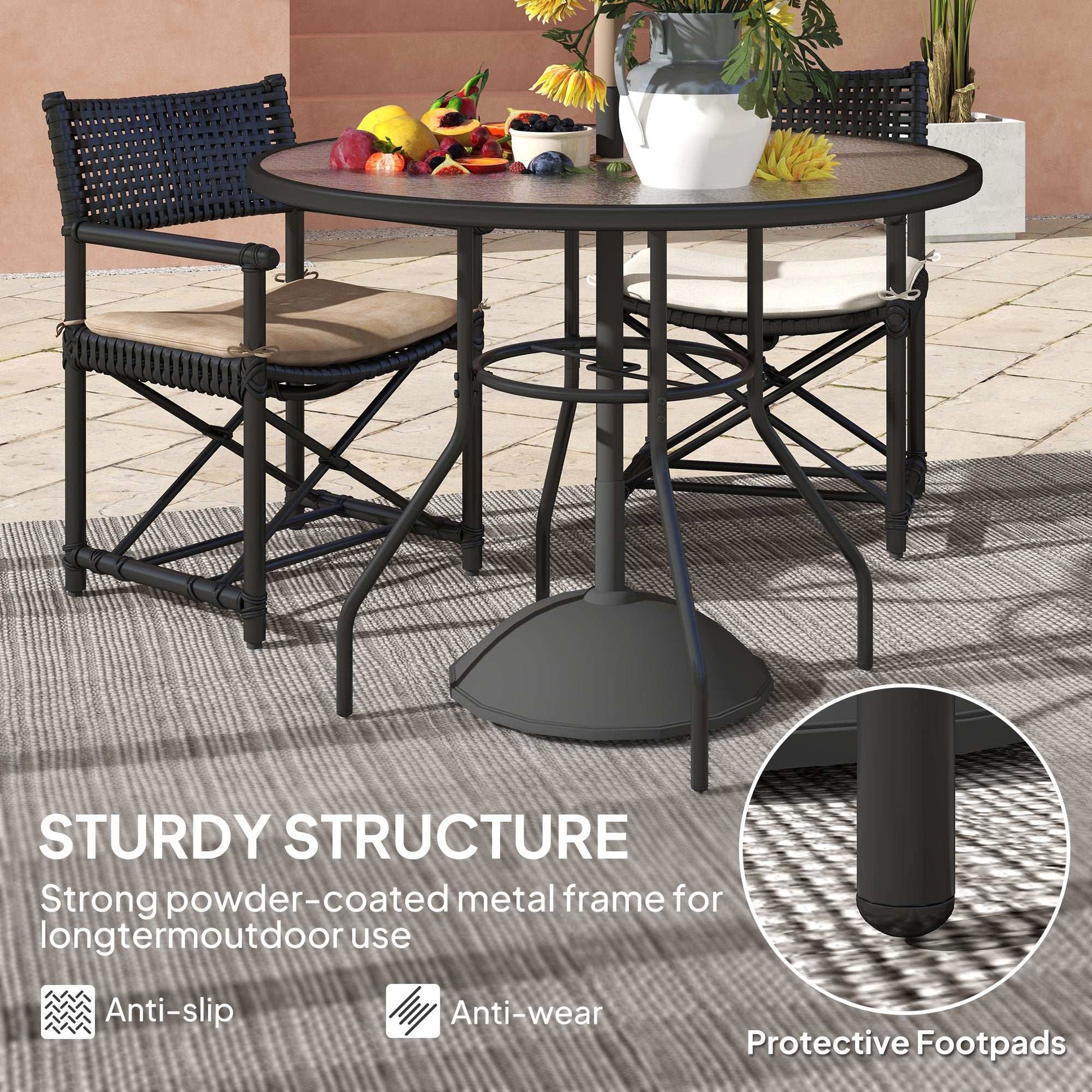 Outsunny 100 cm Round Dining Table with Parasol Hole, Outdoor Tempered Glass Top, Steel Frame for Garden, Black