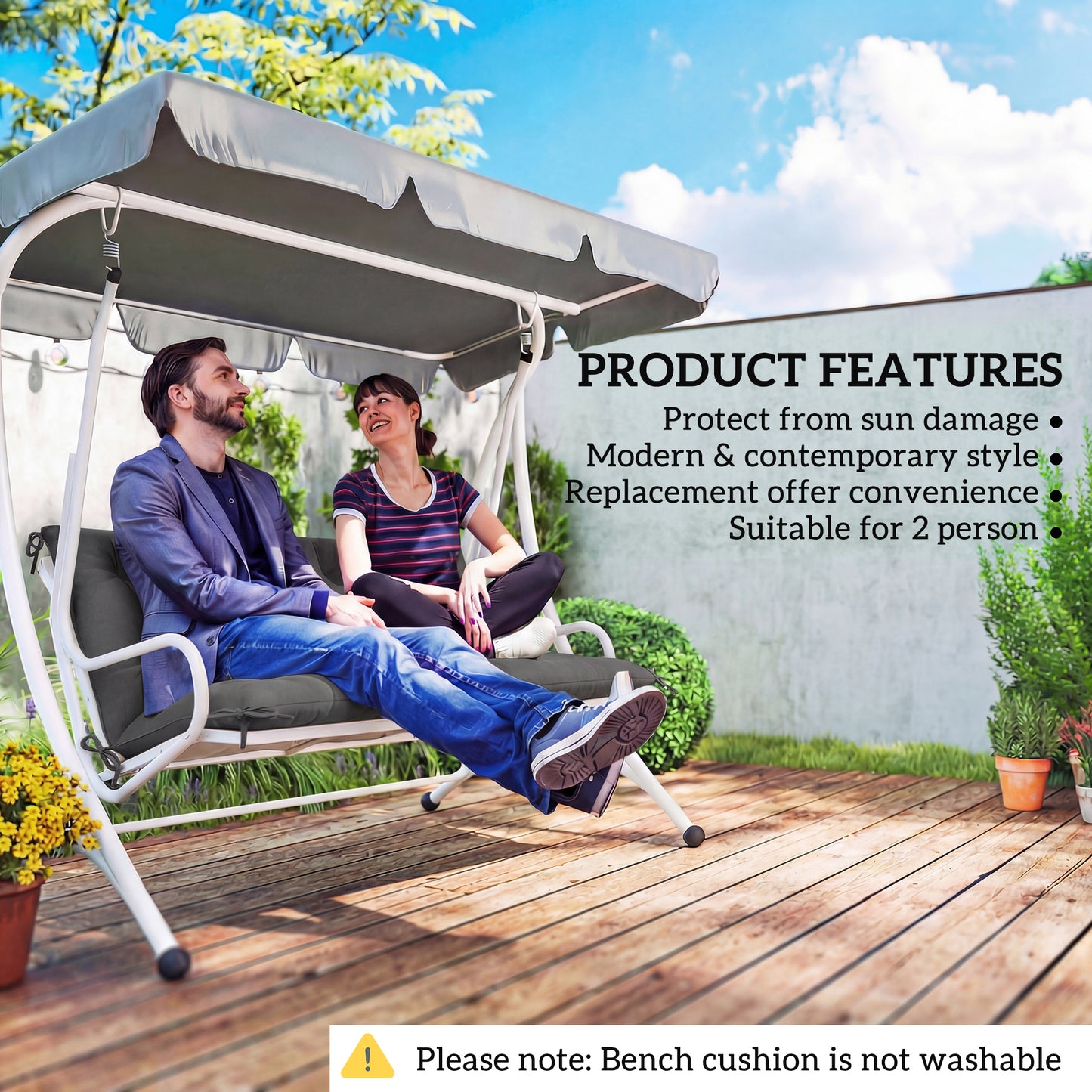 2-Seater Bench & Swing Chair Cushion | 12cm Thick PP Cotton | Tie Fastenings | Water & Stain Resistant | Indoor & Outdoor | 120 x 110cm | Black