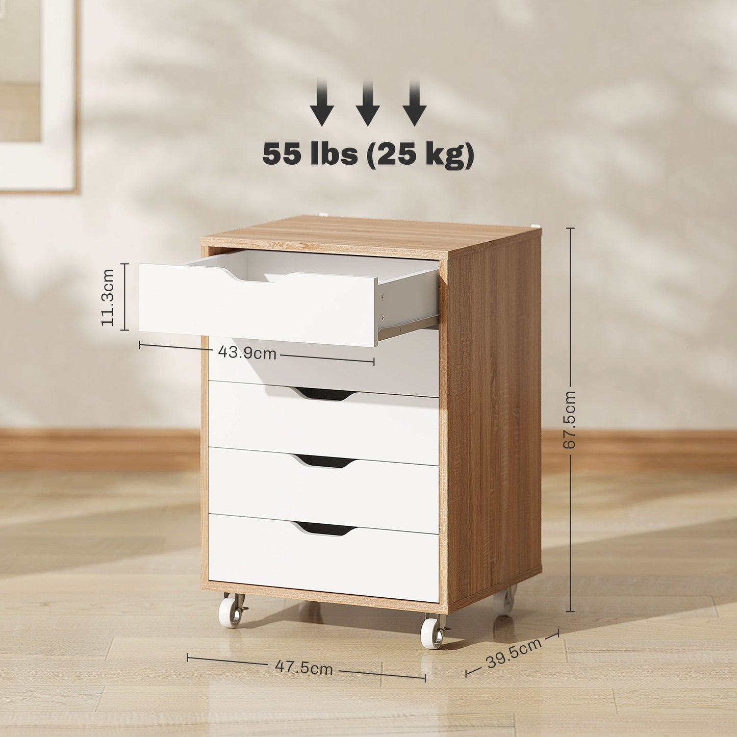 5 Drawer Mobile Filing Cabinet on Wheels | Brakes | 47.5x39.5x67.5cm | Groove Handles | Flat Top | Anti-Tip Strap | 25kg | Oak Brown