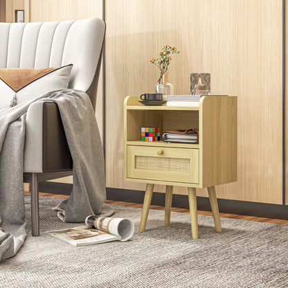 Bedside Table Set of 2, Boho Nightstand with Drawer, Storage Compartment, Natural Wood Finish