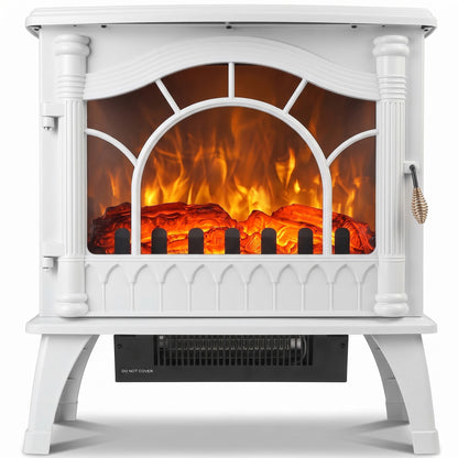 White Electric Fireplace Stove | 3-Sided Glass Flame Effect Fan Heater, 1000W/2000W, 15–30 m² Coverage | Freestanding