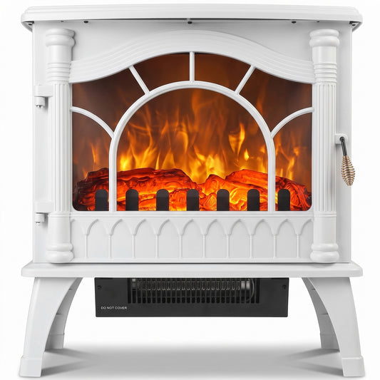 White Electric Fireplace Stove | 3-Sided Glass Flame Effect Fan Heater, 1000W/2000W, 15–30 m² Coverage | Freestanding