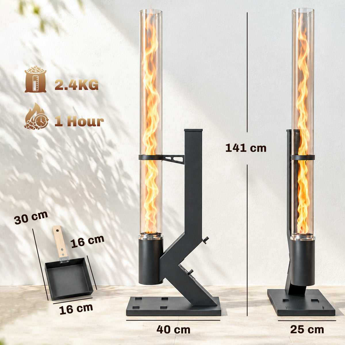 Outsunny 13kW Outdoor Wood Pellet Patio Heater | Real-Flame Glass Tube, 5L / 2.4kg Hopper & Adjustable Vent | Ash Tray | Black, 141cm