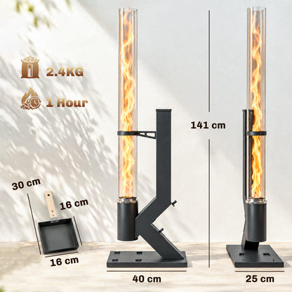 Outsunny 13kW Outdoor Wood Pellet Patio Heater | Real-Flame Glass Tube, 5L / 2.4kg Hopper & Adjustable Vent | Ash Tray | Black, 141cm