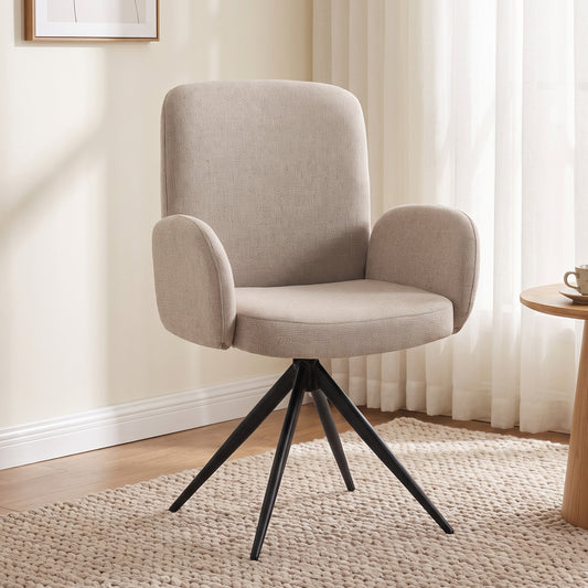 360° Swivel Accent Chair | Linen-Look Upholstery, Curved Back & Padded Arms | 7cm Seat Cushion & Black Steel Base | Brown, Light Green or Grey