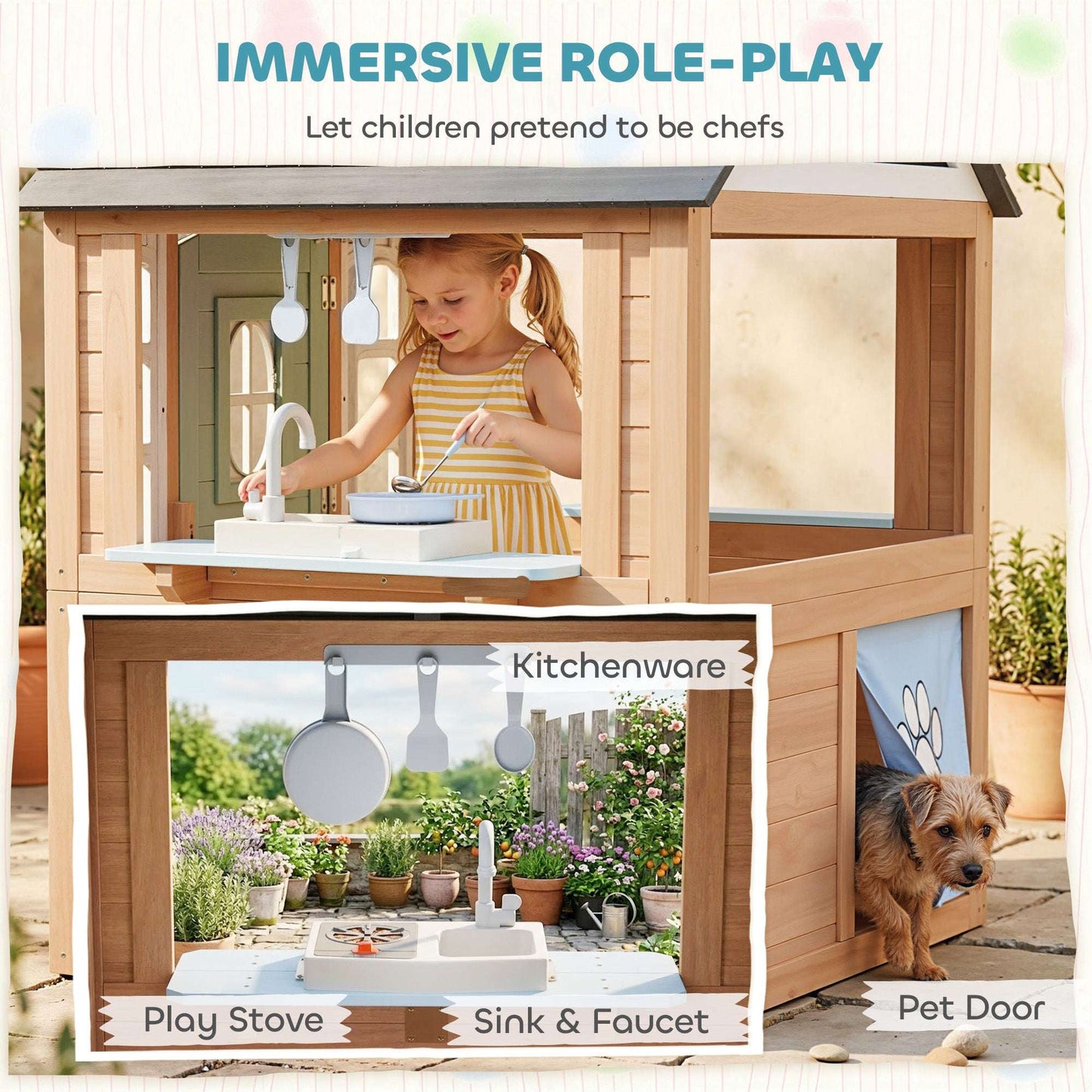 Wooden Wendy House with Play Kitchen & Pet Door | Half Door & Windows | Fir Wood | Low-Odour Paint | Indoor & Outdoor | Ages 2+ | 115.5x97.3x140cm | Natural Wood
