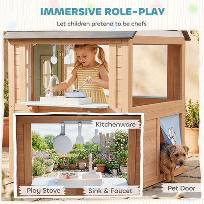Wooden Wendy House with Play Kitchen & Pet Door | Half Door & Windows | Fir Wood | Low-Odour Paint | Indoor & Outdoor | Ages 2+ | 115.5x97.3x140cm | Natural Wood